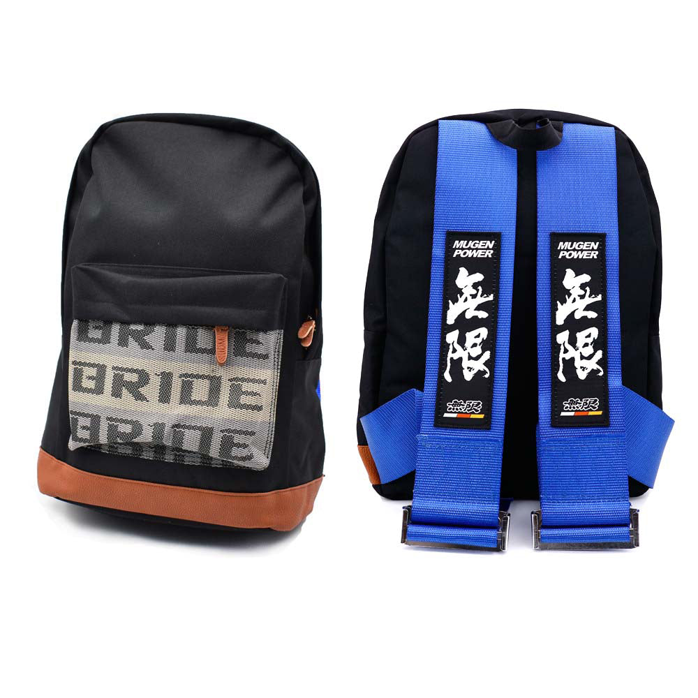 Mugen Bride Backpack with blue racing harness straps. 