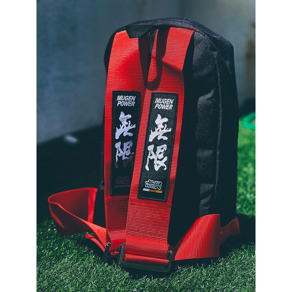 Mugen Bride Backpack with red racing harness straps. 