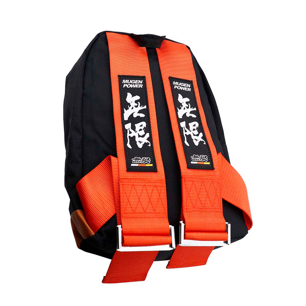 Mugen Bride Backpack with red racing harness straps. 