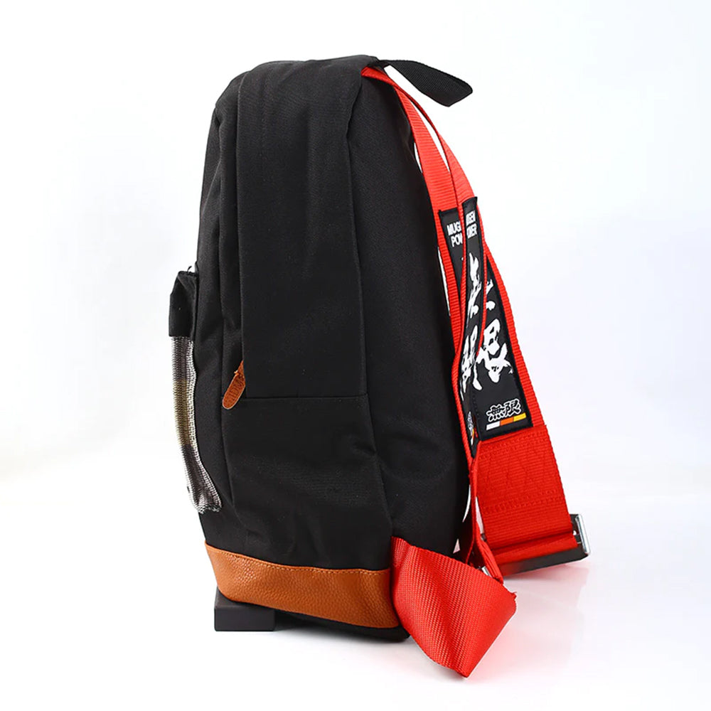 Mugen Bride Backpack with red racing harness straps. 