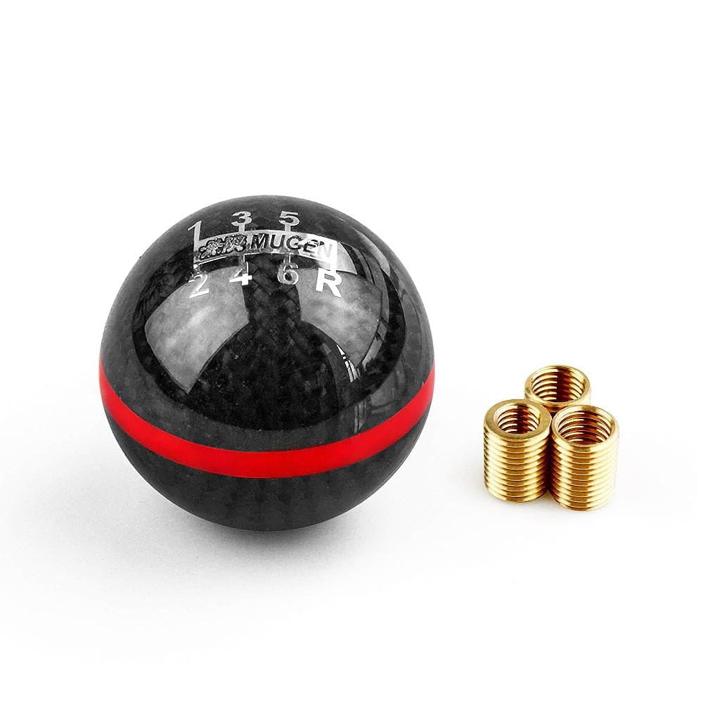 Mugen JDM Type R 6-speed gear shift knob in black with red line. 