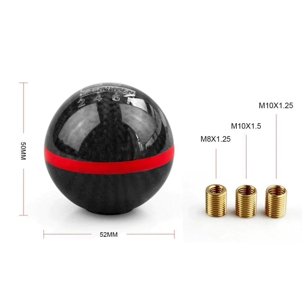 Mugen JDM Type R 6-speed gear shift knob in black with red line. 