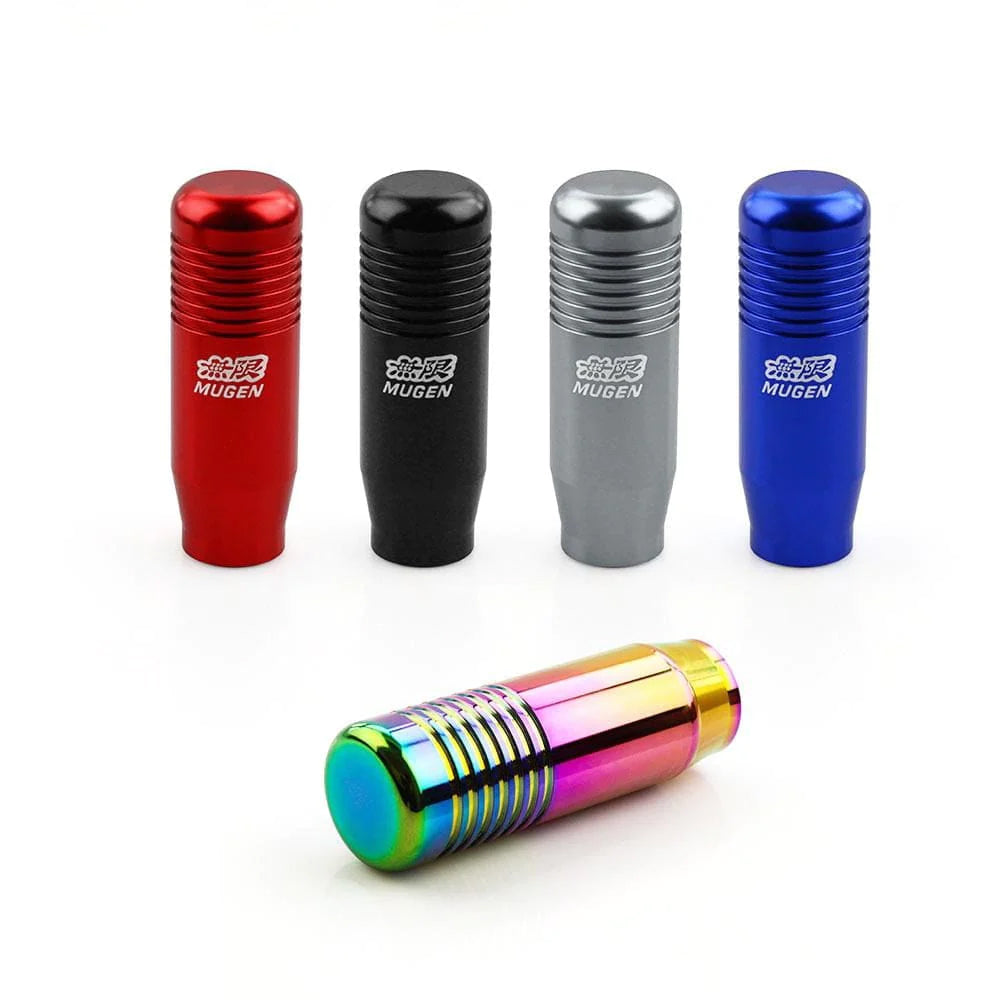 Mugen power JDM gear shift knob in red, black, silver, blue, and neochrome.