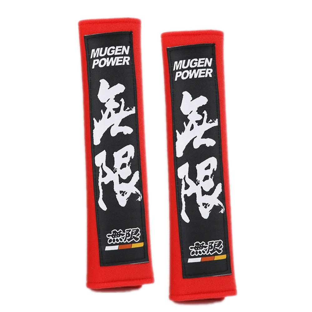 Mugen power seat belt shoulder pads in red.