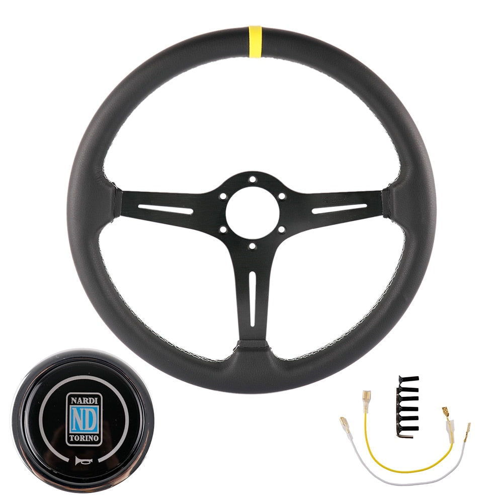 ND racing leather steering wheel with black frame.