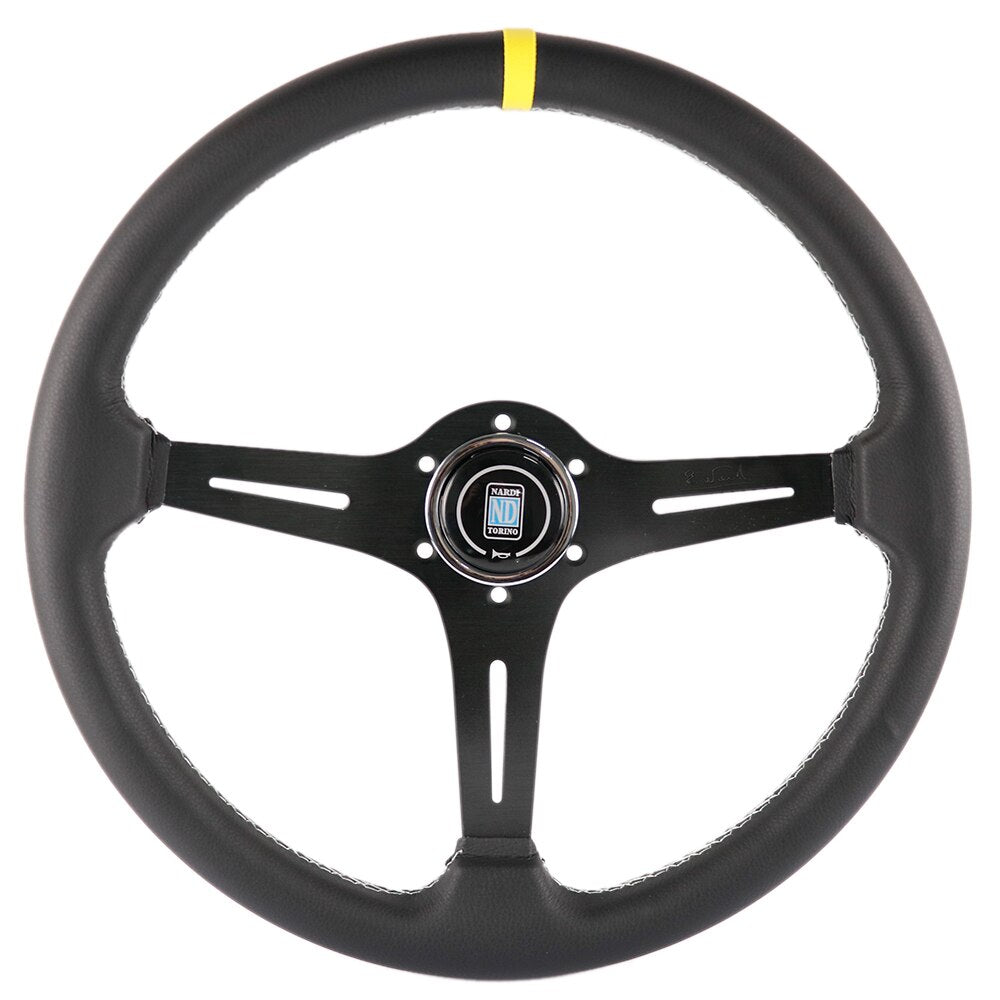 ND racing leather steering wheel with black frame.