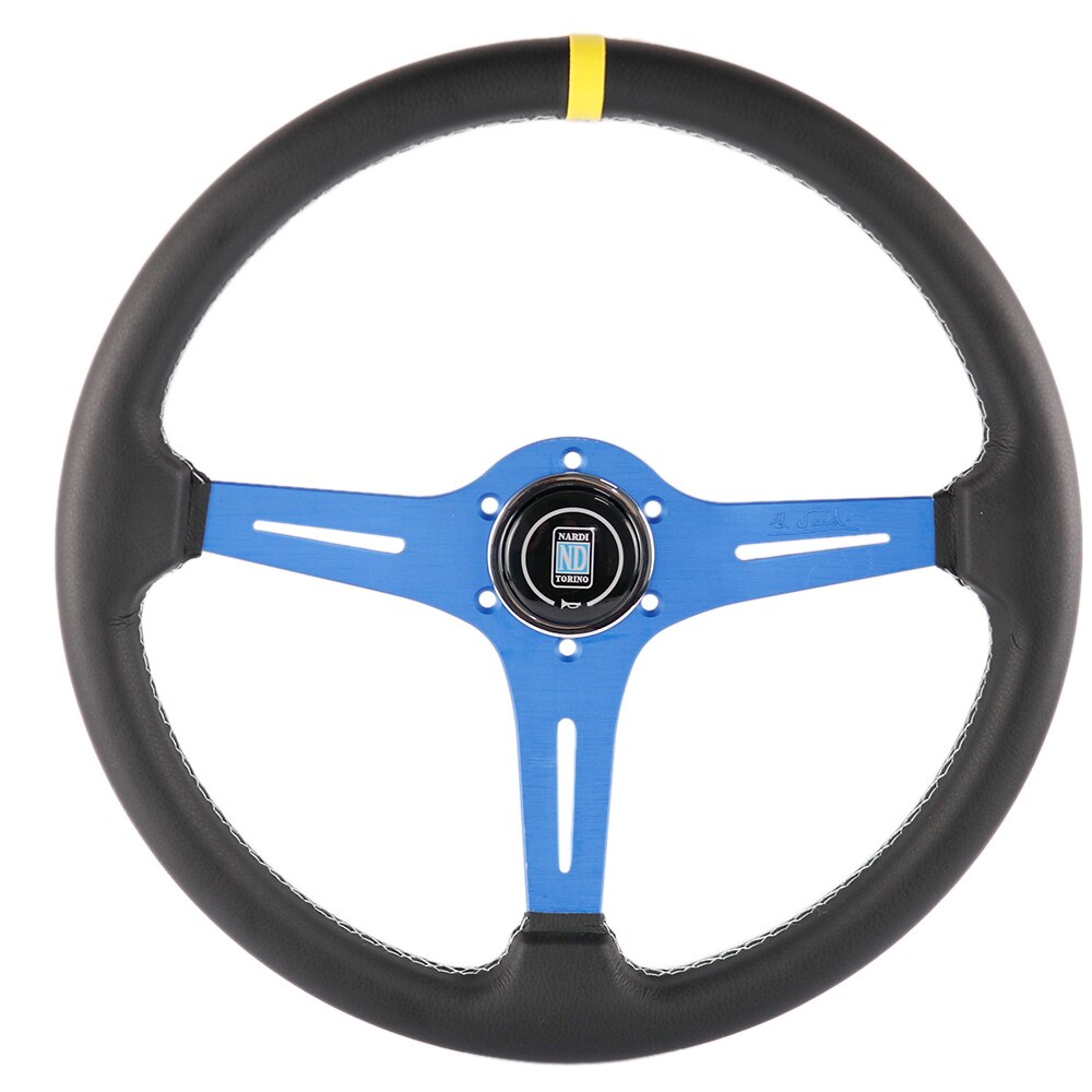 ND racing leather steering wheel with blue frame.