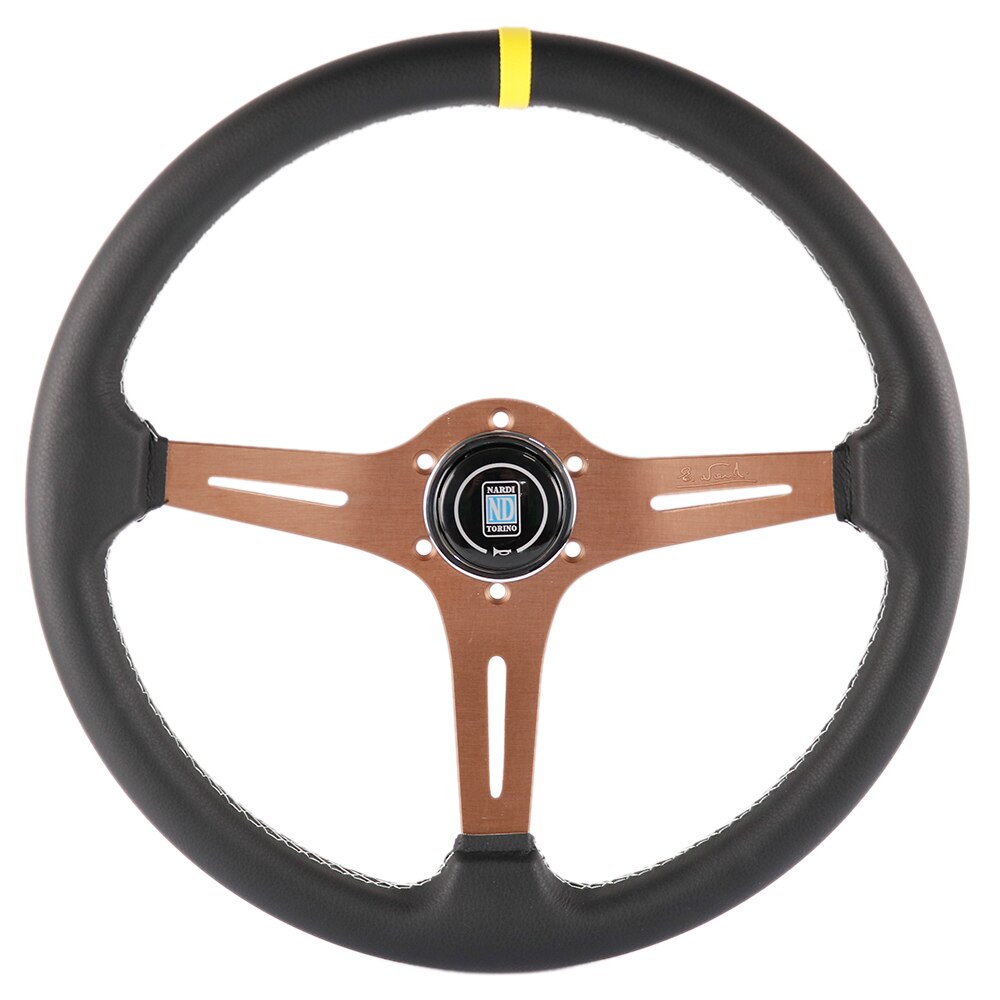 ND racing leather steering wheel with brown frame.