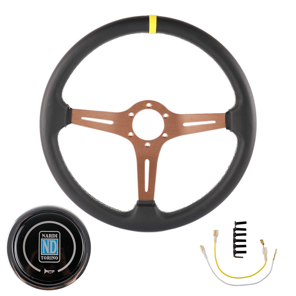 ND racing leather steering wheel with brown frame.