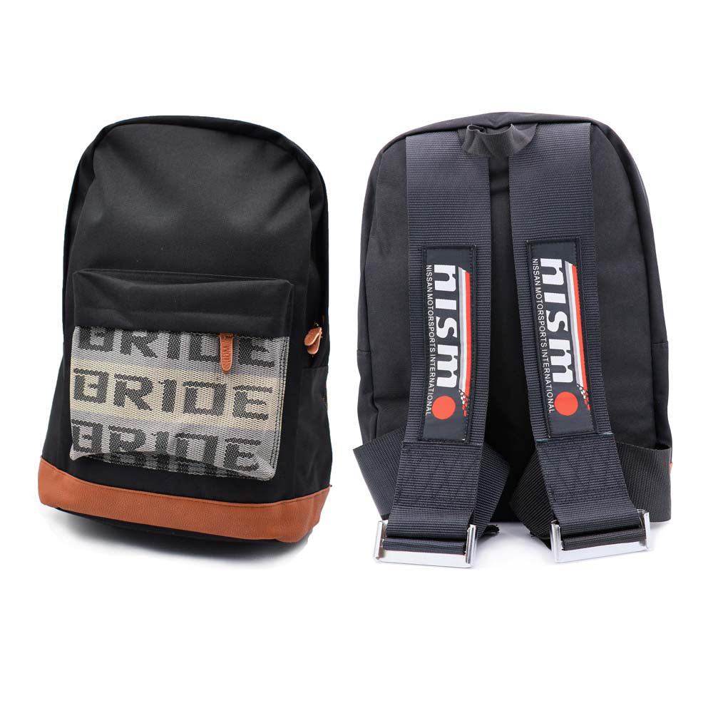 NISMO Bride Backpack with black racing harness straps. 