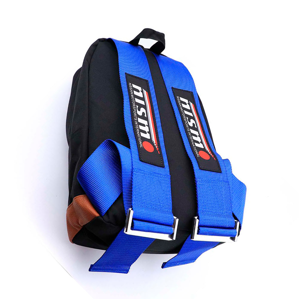 NISMO Bride Backpack with blue racing harness straps. 