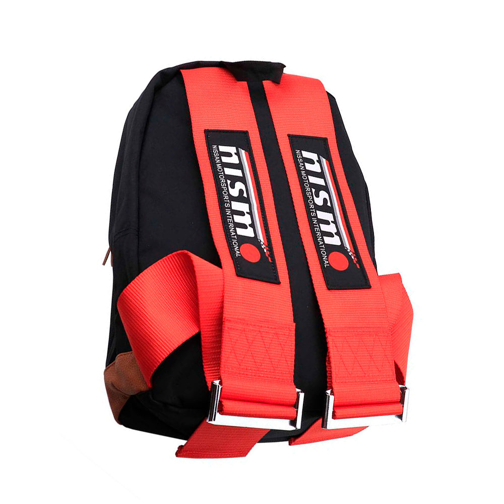 NISMO Bride Backpack with red racing harness straps. 