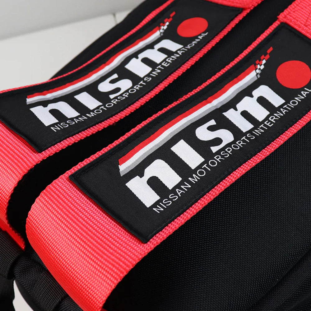 NISMO Bride Backpack with red racing harness straps. 