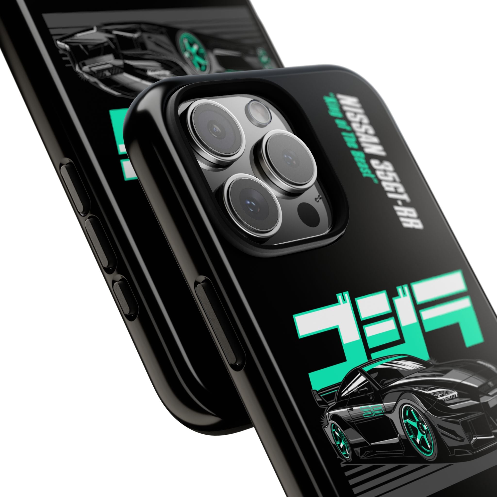 black Phone case with Nissan 35GT-R branding and car illustration on a white background