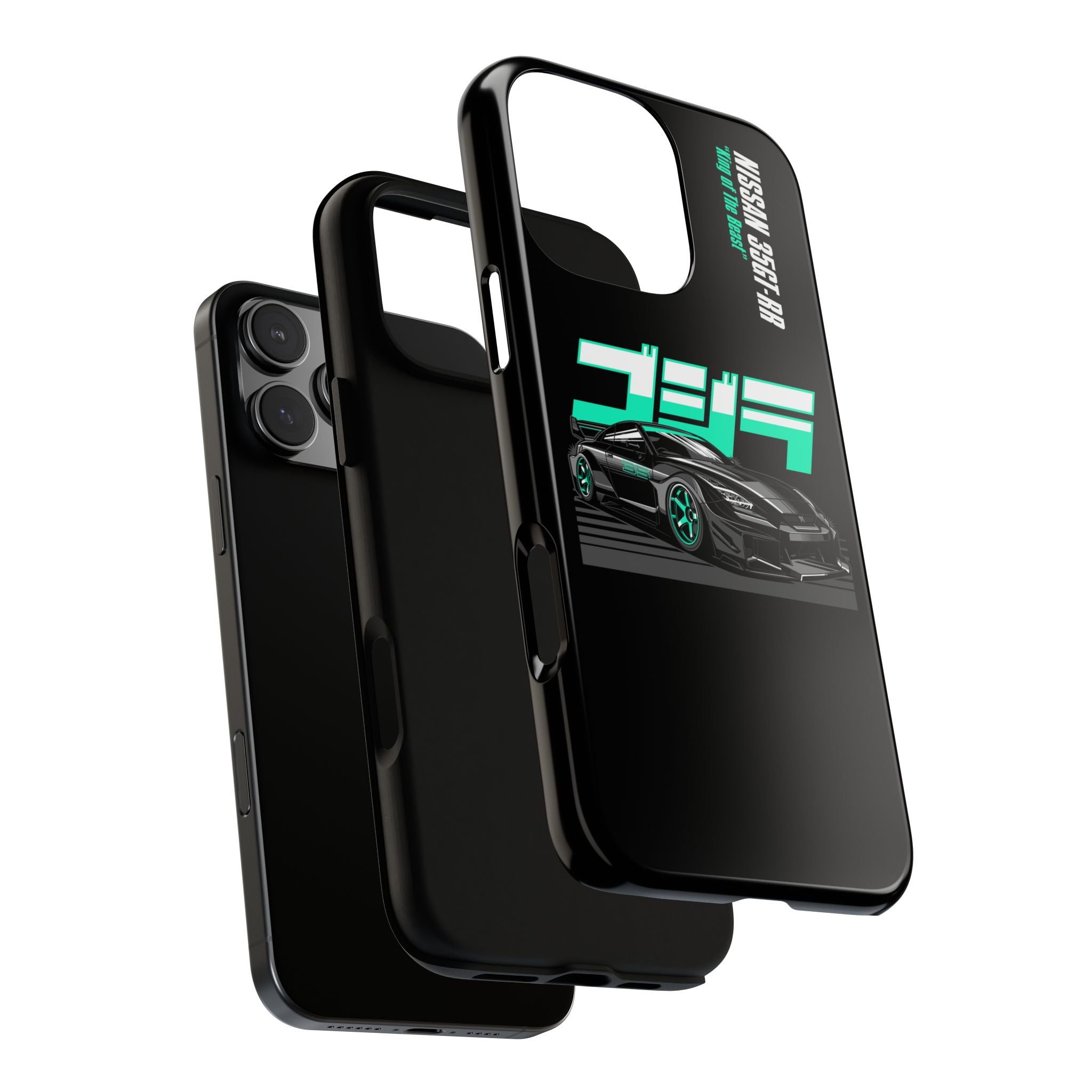 Black phone case with Nissan 35GT-RR design on a white background