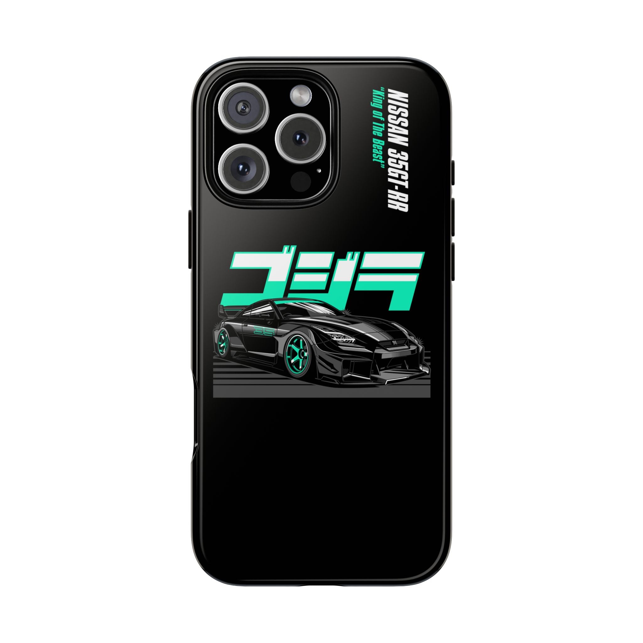 black Phone case with Nissan 35GT-RR design on a white background