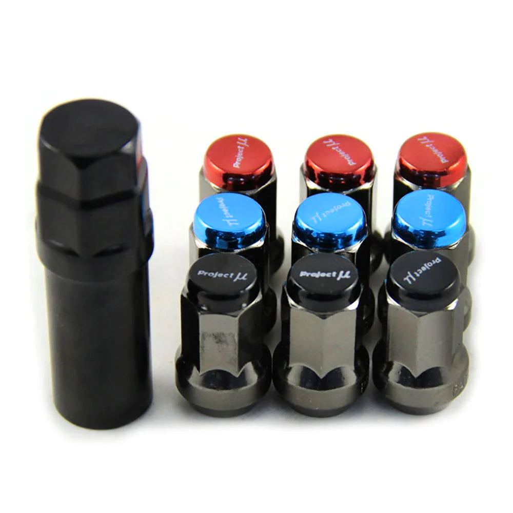 Project MU Racing Lug Nuts 33mm in red, blue, and black.