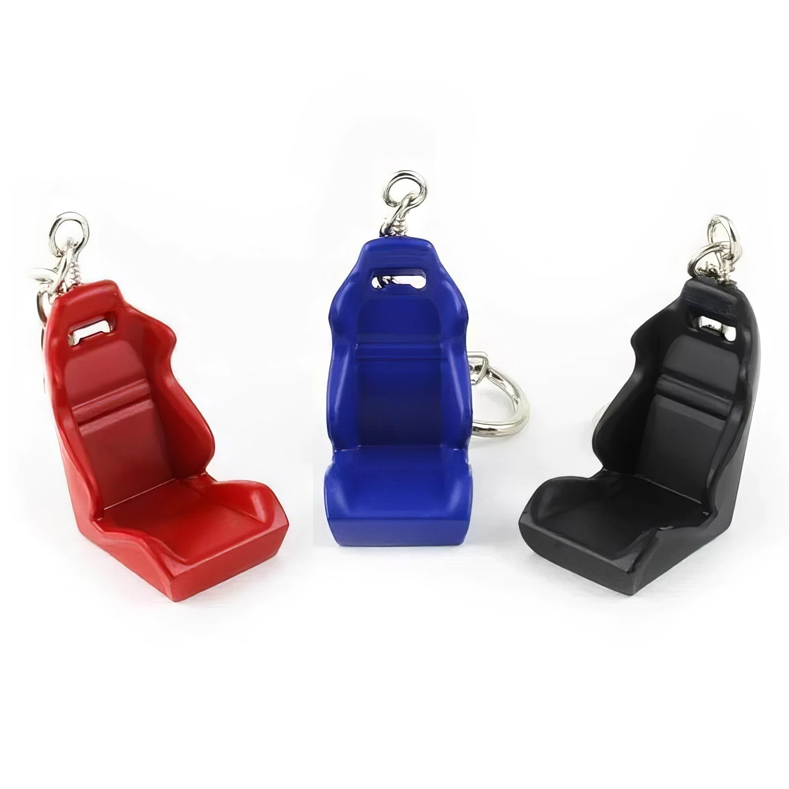 Racing seat car keychains in red, blue, and black.