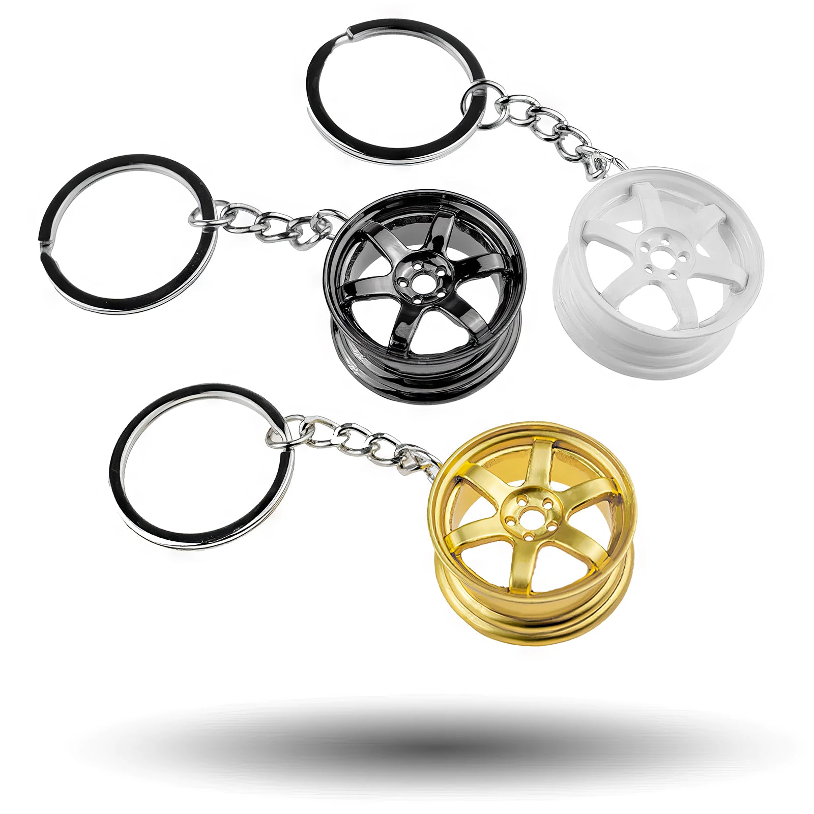 RAYS TE37 Wheel Keychain in white, black, and gold.