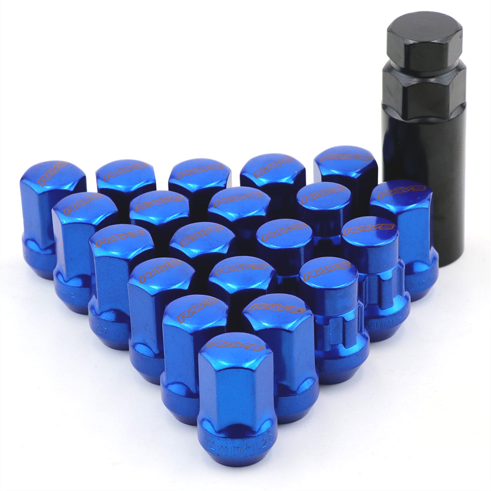 RAYS Volk 17 Hex Racing Lug Nuts in blue.