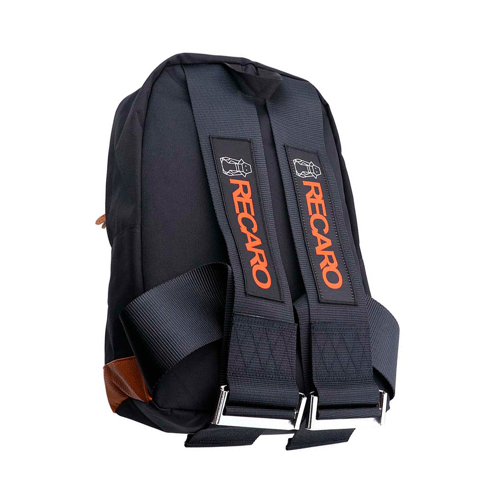 Recaro Bride Backpack with black racing harness shoulder straps. 