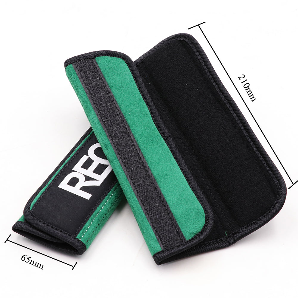 Measurements of Recaro comfort seat belt shoulder pads in green.