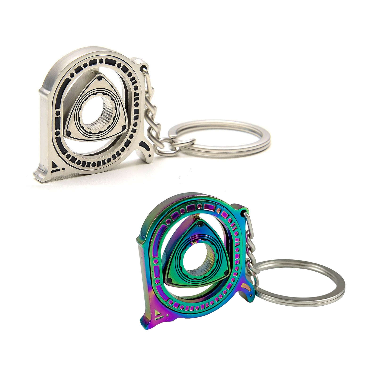 Spinning Rotary Engine Keychain in silver and neochrome.