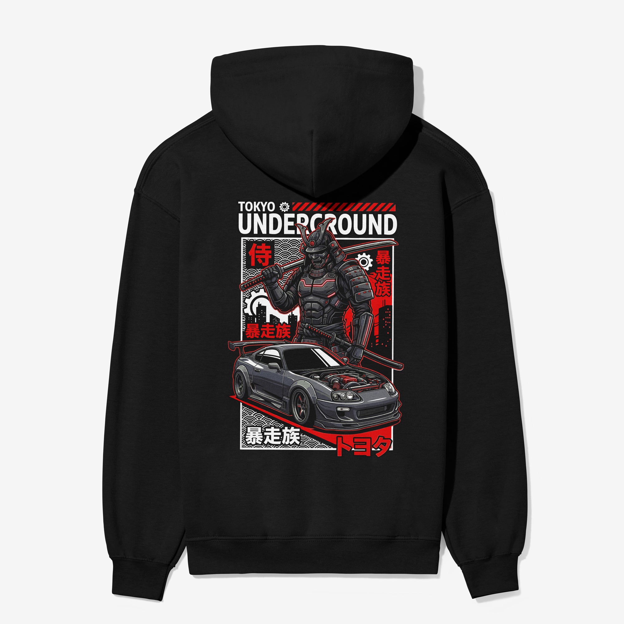 Black hoodie with a graphic design on the back featuring a car and text, on a white background.