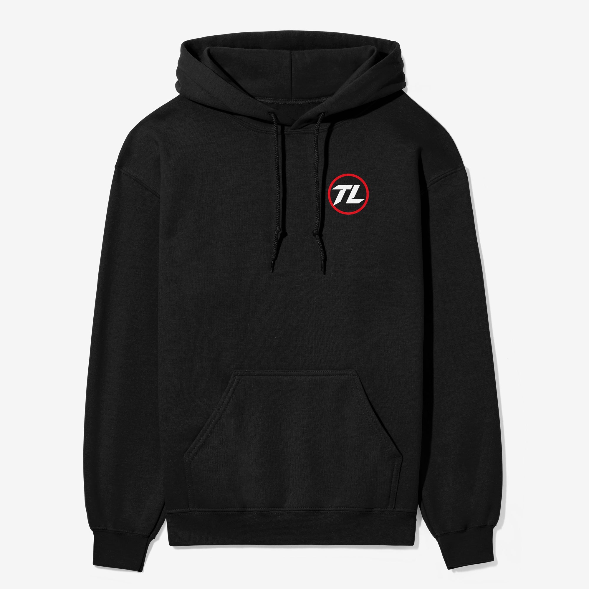 Black hoodie with a logo on the chest against a light gray background