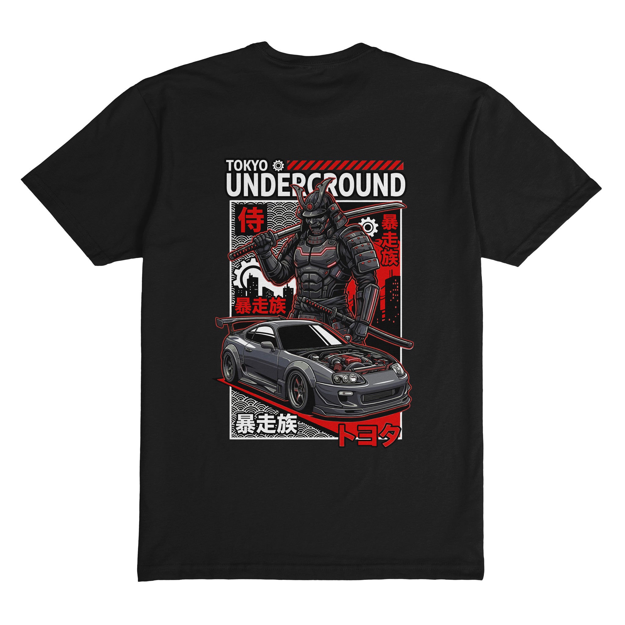 Black t-shirt with 'Tokyo Underground' graphic design featuring a Toyota Supra MK4 car and samurai on a white background.