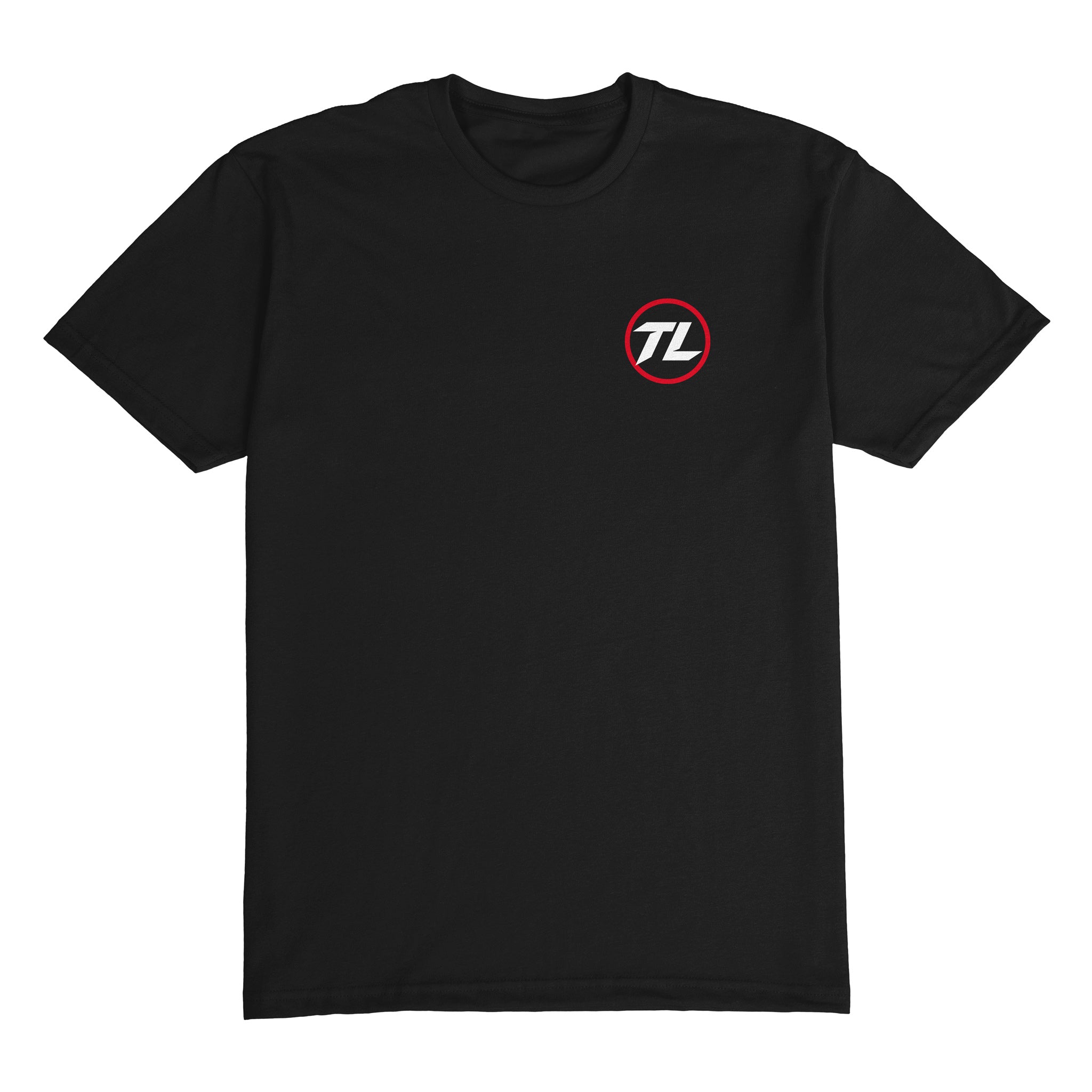 Black t-shirt with a logo on the chest against a white background