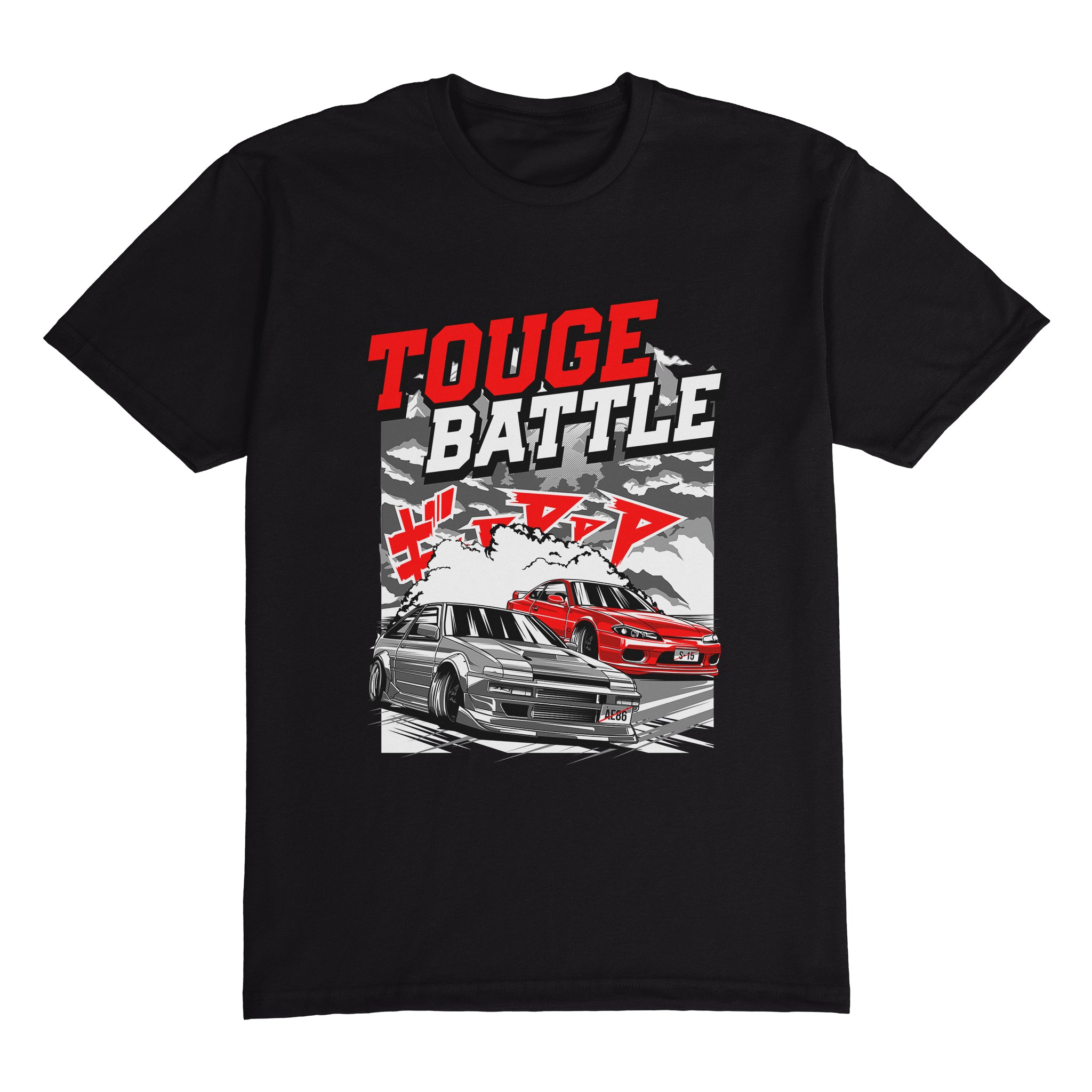 Toyota AE86 & Nissan 200SX S15 Touge Battle Car T-Shirt in Black.