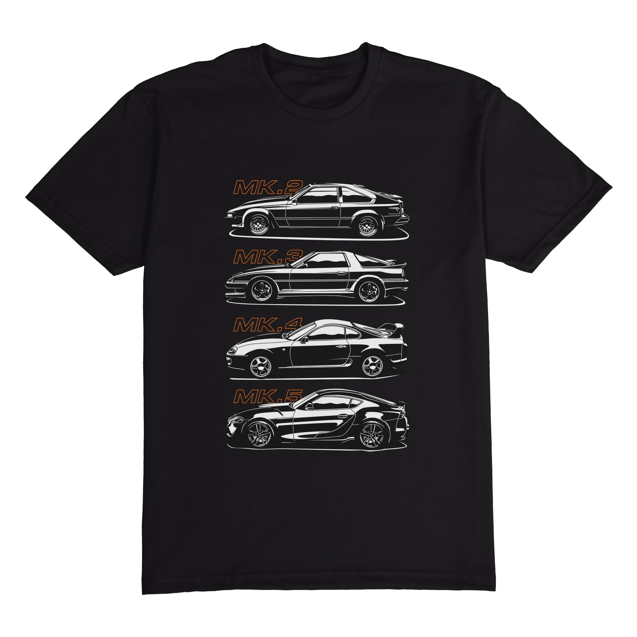 Toyota Supra History MK2, MK3, MK4, MK5 Car t-shirt in Black.