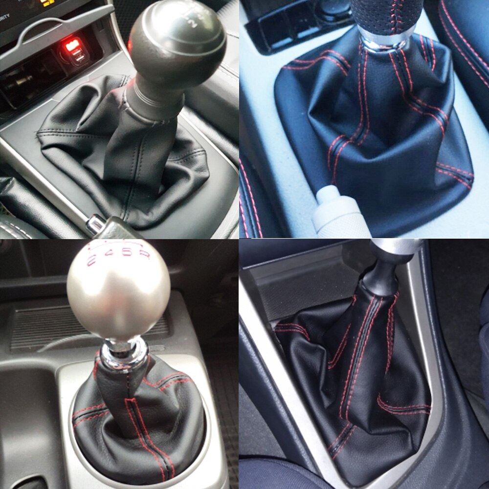 Black universal leather gear shift boot cover with red stitching installed in car.
