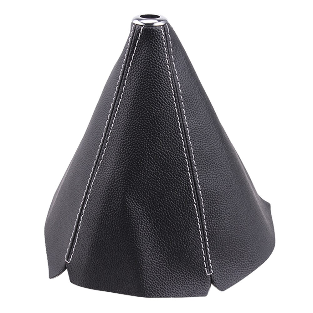 Black universal leather gear shift boot cover with white stitching.