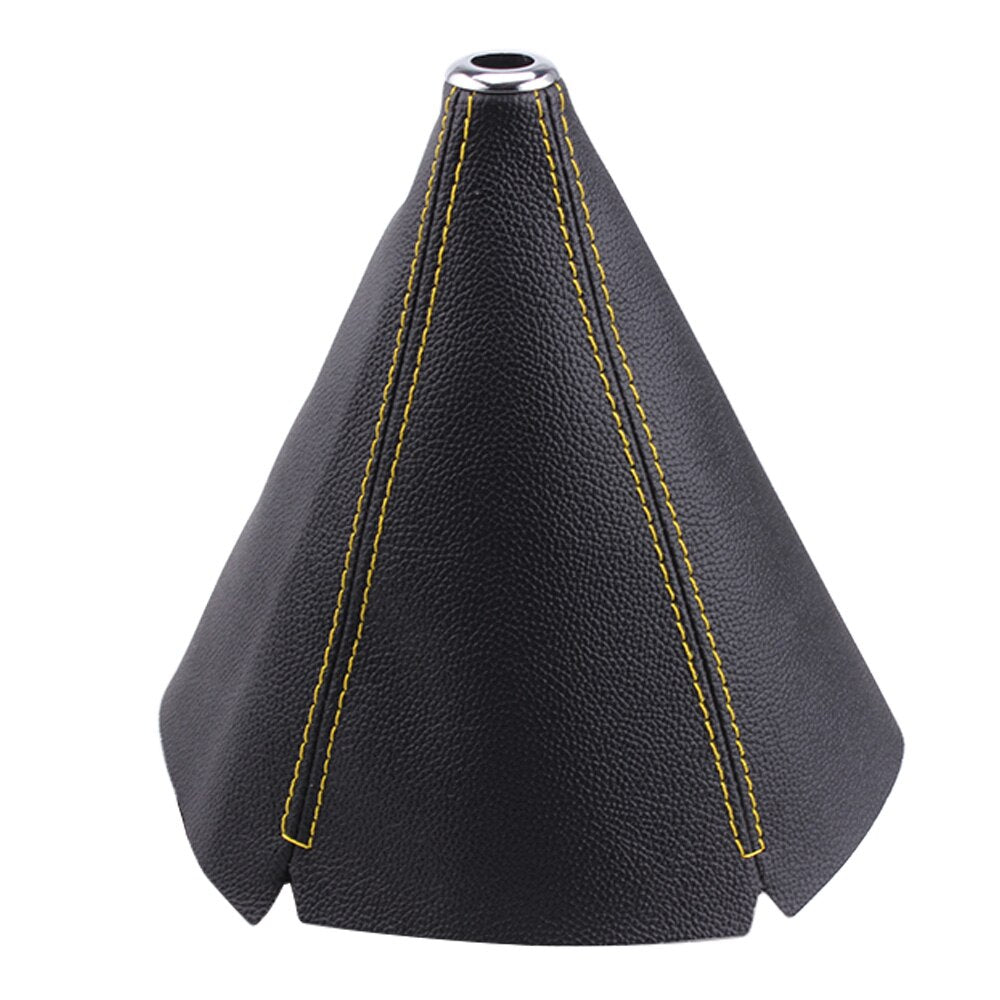 Black universal leather gear shift boot cover with yellow stitching.