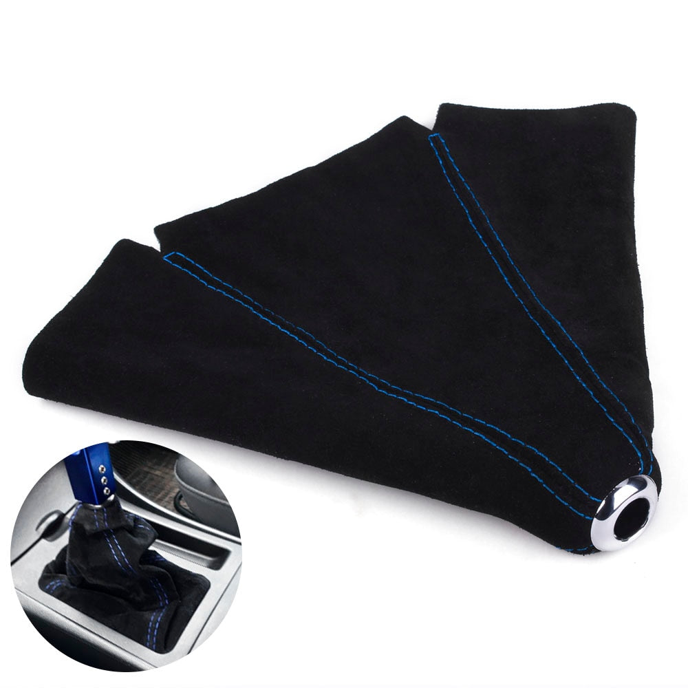 Universal suede leather gear shift boot cover with blue stitching.