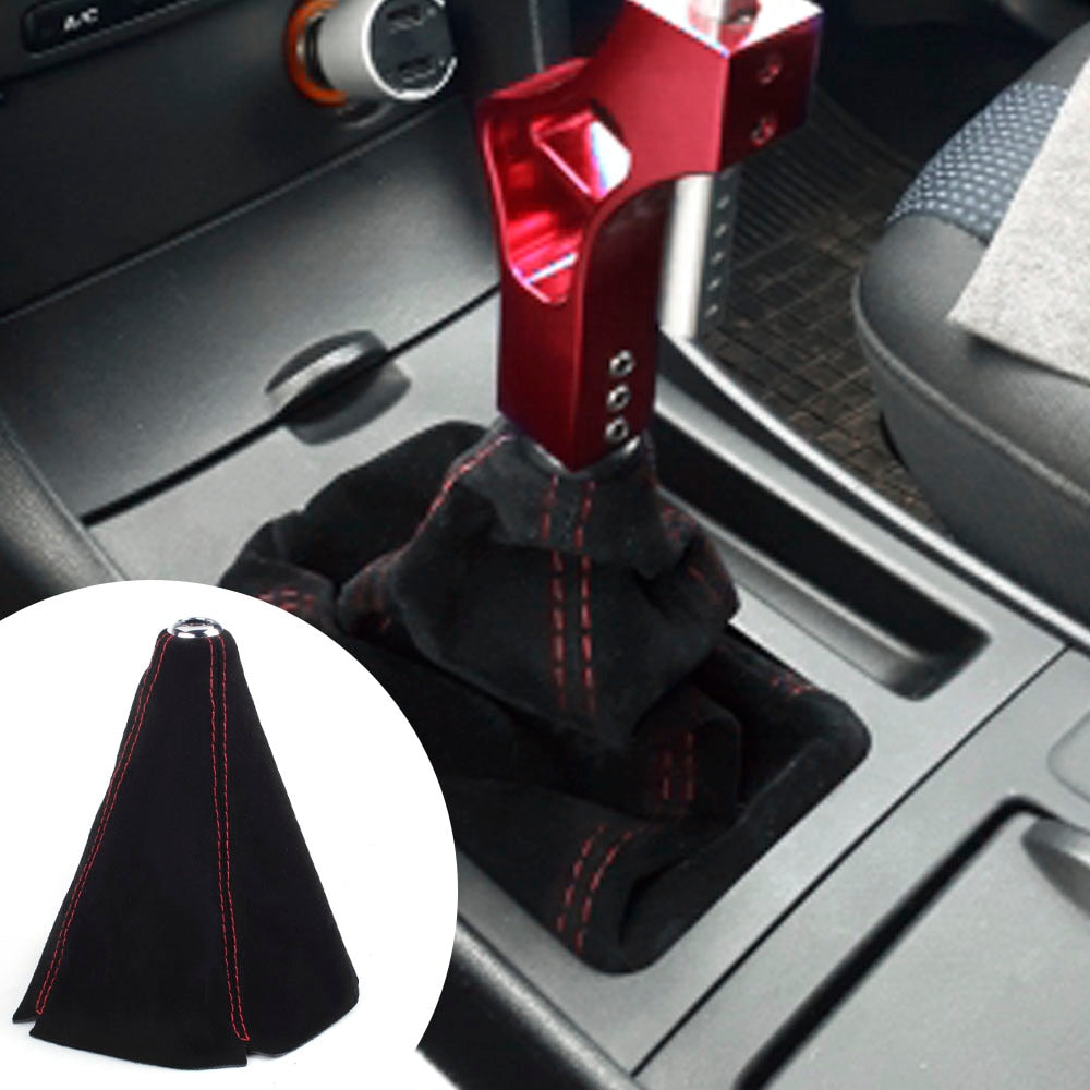 Universal suede leather gear shift boot cover with red stitching.