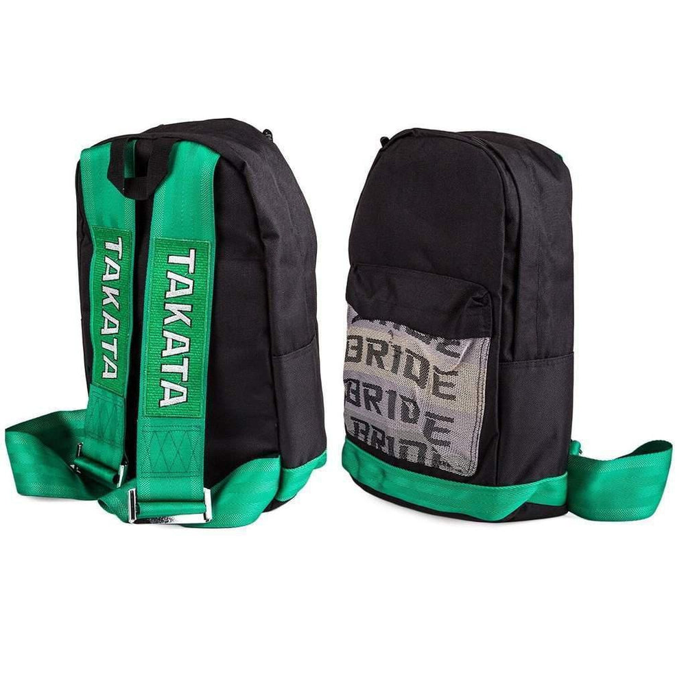 JDM Backpack with green racing harness straps and green leather bottom