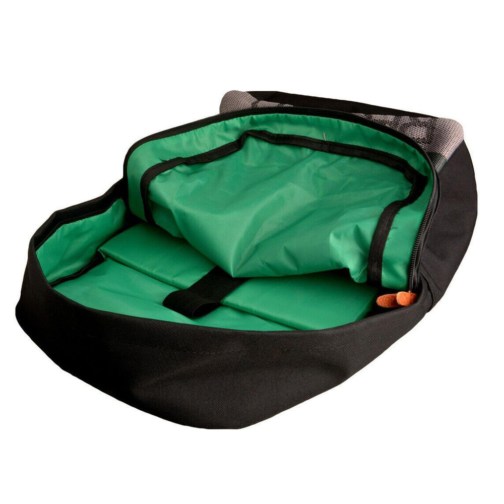 JDM Backpack with green racing harness straps, green leather bottom, and green canvas with laptop pocket