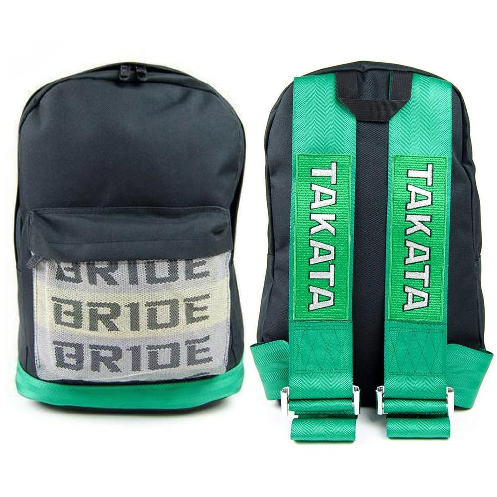 JDM Backpack with green racing harness straps and green leather bottom