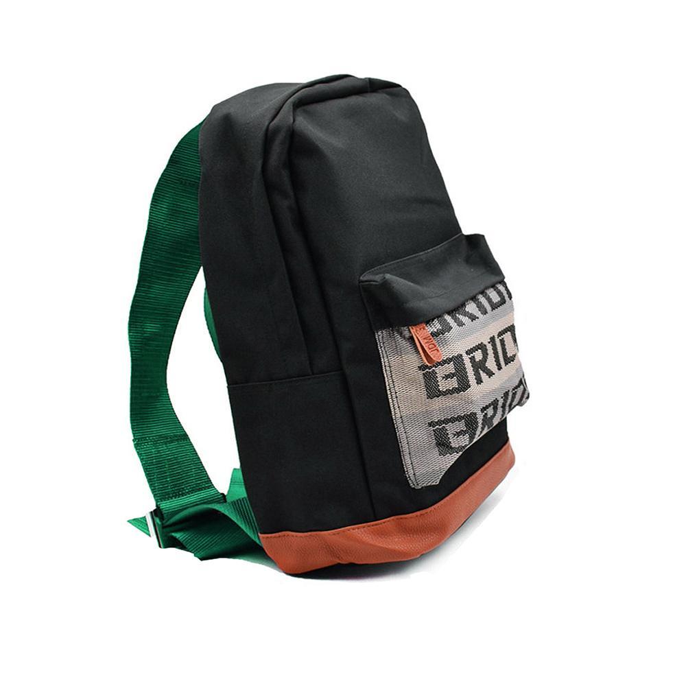 JDM Backpack with green racing harness straps and brown leather bottom