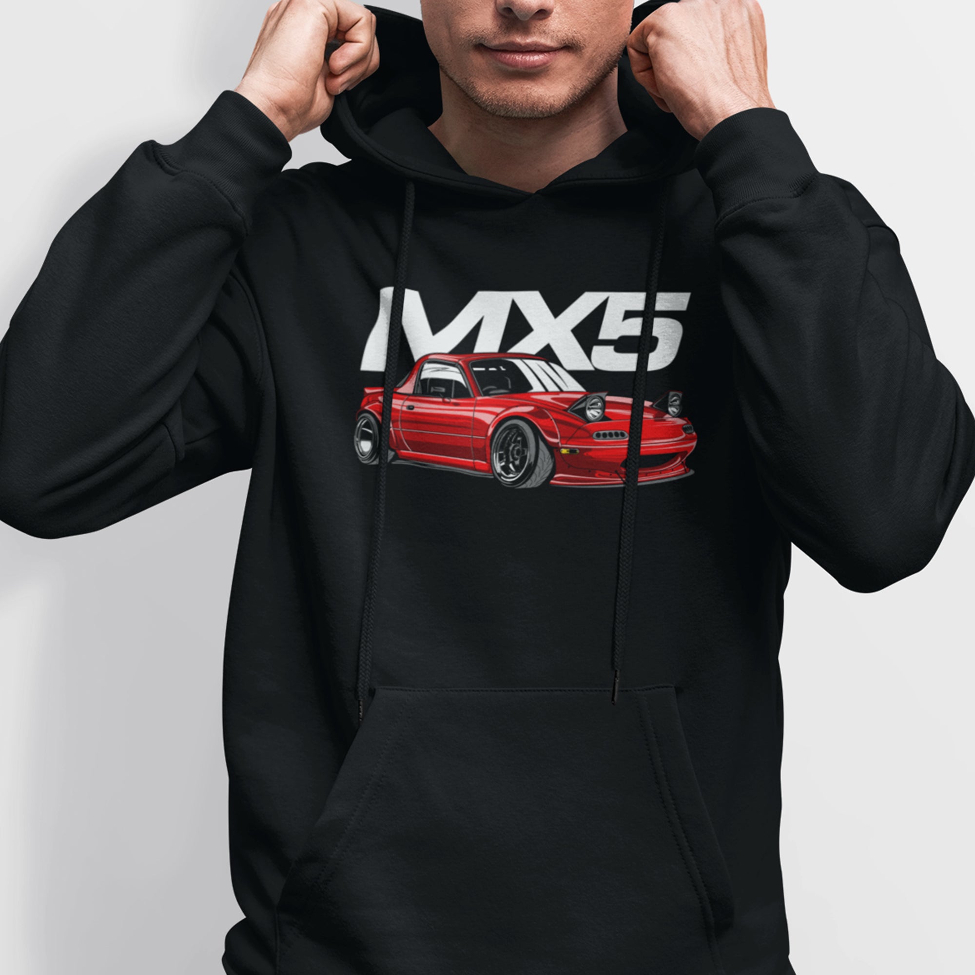 Man wearing the Mazda MX-5 Miata Car Hoodie in black.