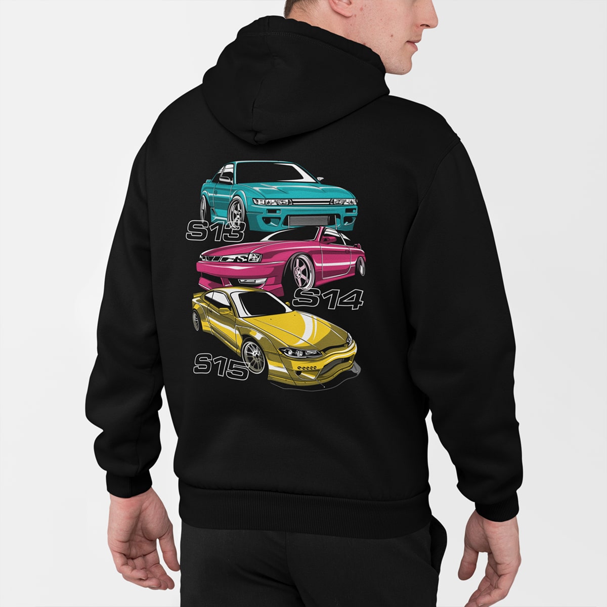 S Chassis Generation Car Hoodie. Nissan Silvia S13, S14, and S15. Black.
