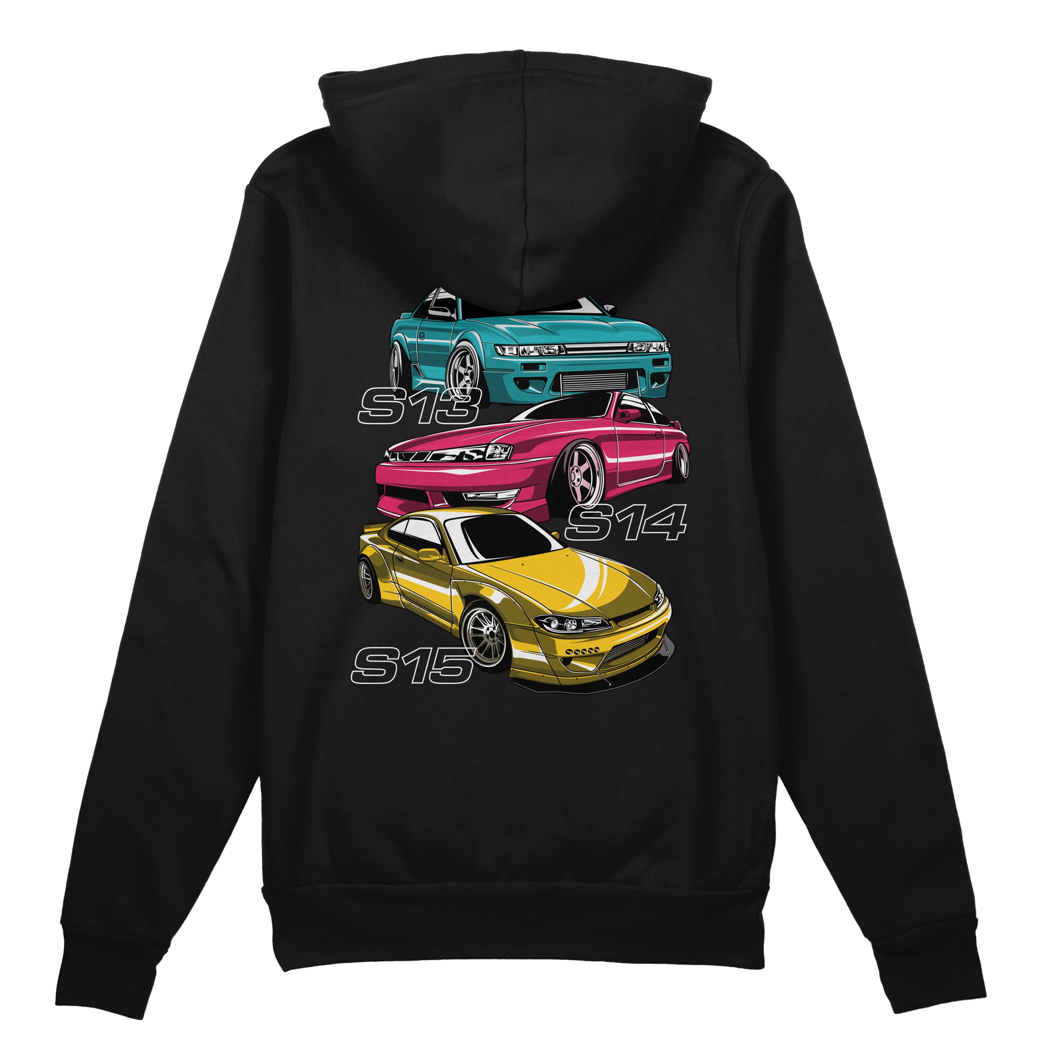 S Chassis Generation Car Hoodie. Nissan Silvia S13, S14, and S15. Black.