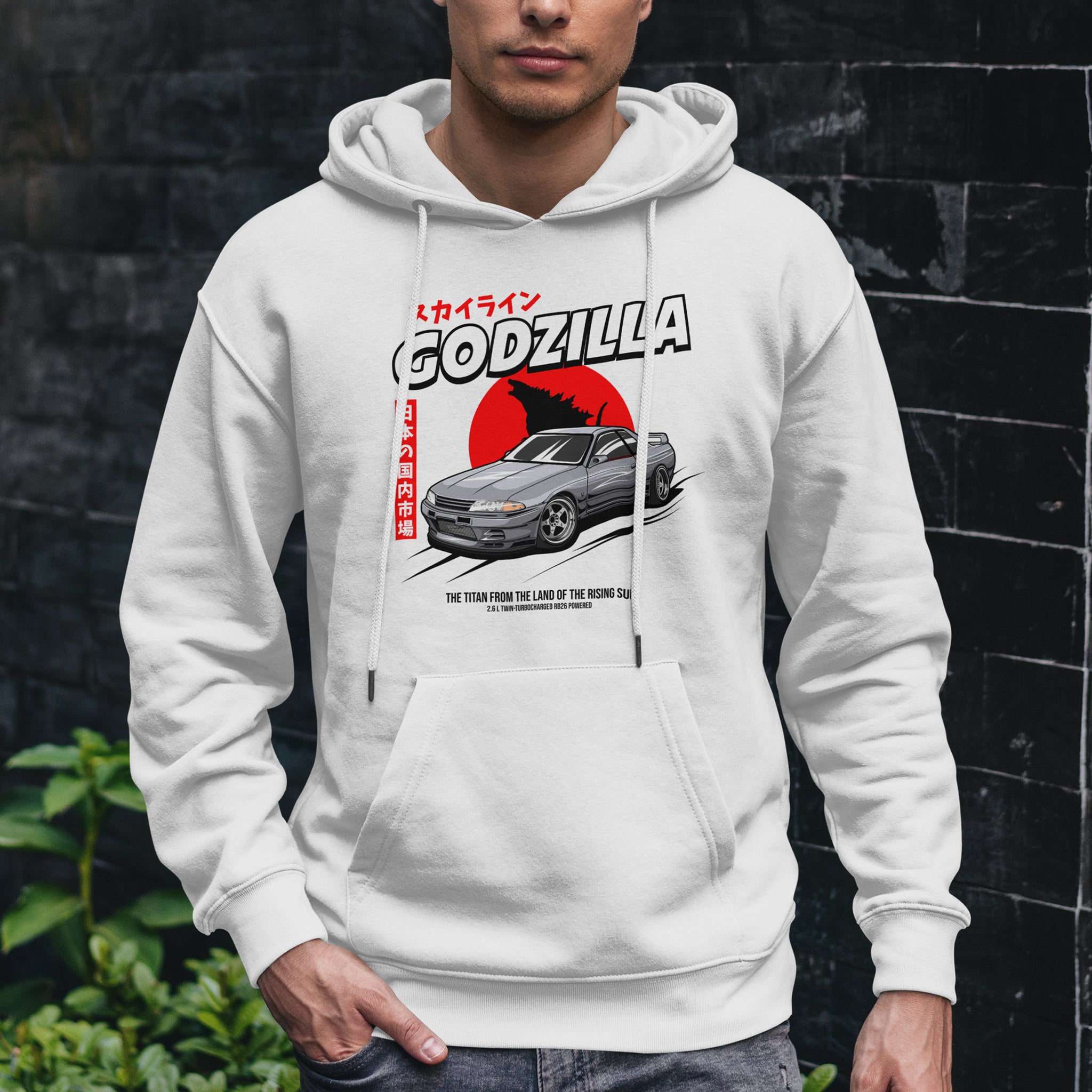 Man wearing the Nissan Skyline GTR R32 Godzilla car hoodie in white.