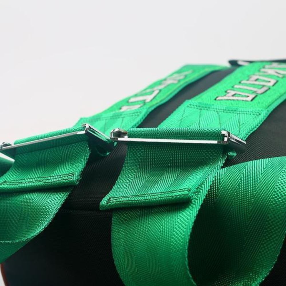 JDM Backpack with green racing harness straps and green leather bottom