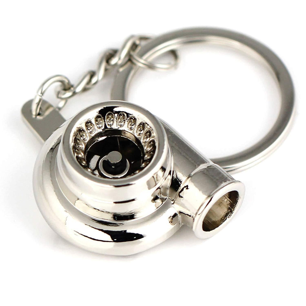 Turbocharger car keychain in silver.