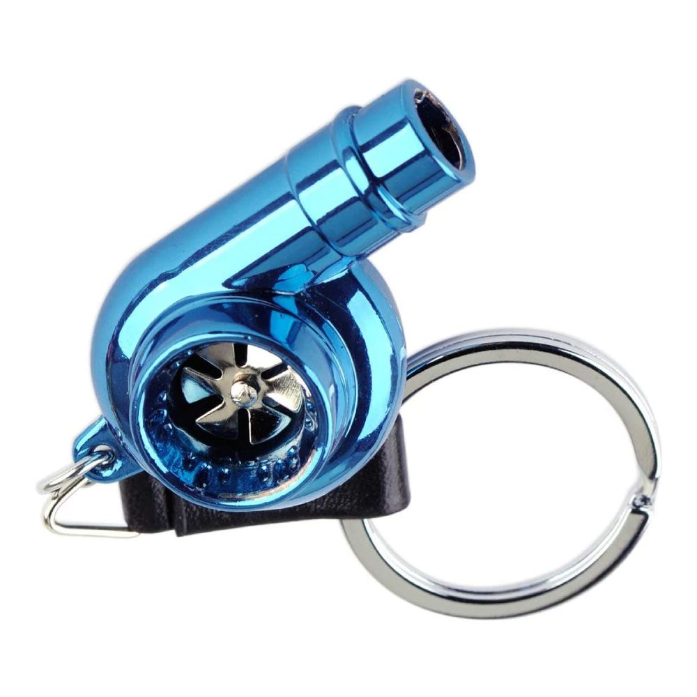 Turbocharger whistle car keychain in blue.