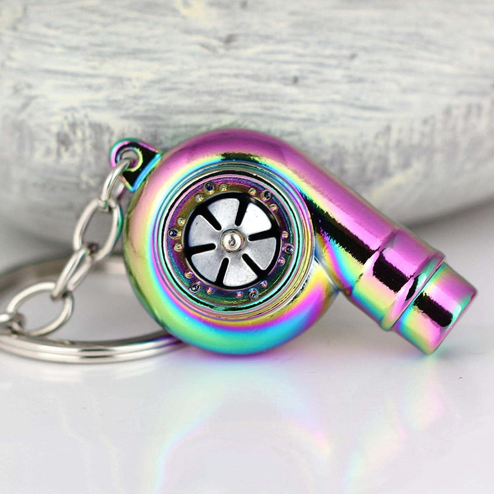 Turbocharger whistle car keychain in neochrome.